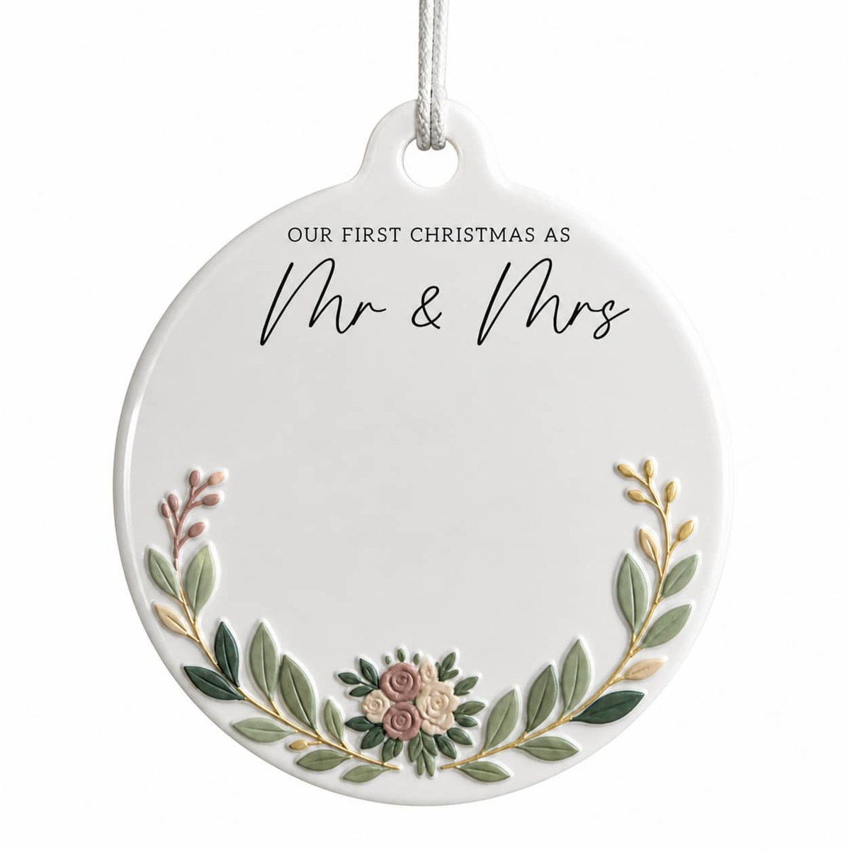 First Christmas Mr and Mrs Wedding Couple Round Keepsake - 3D Relief Ornament