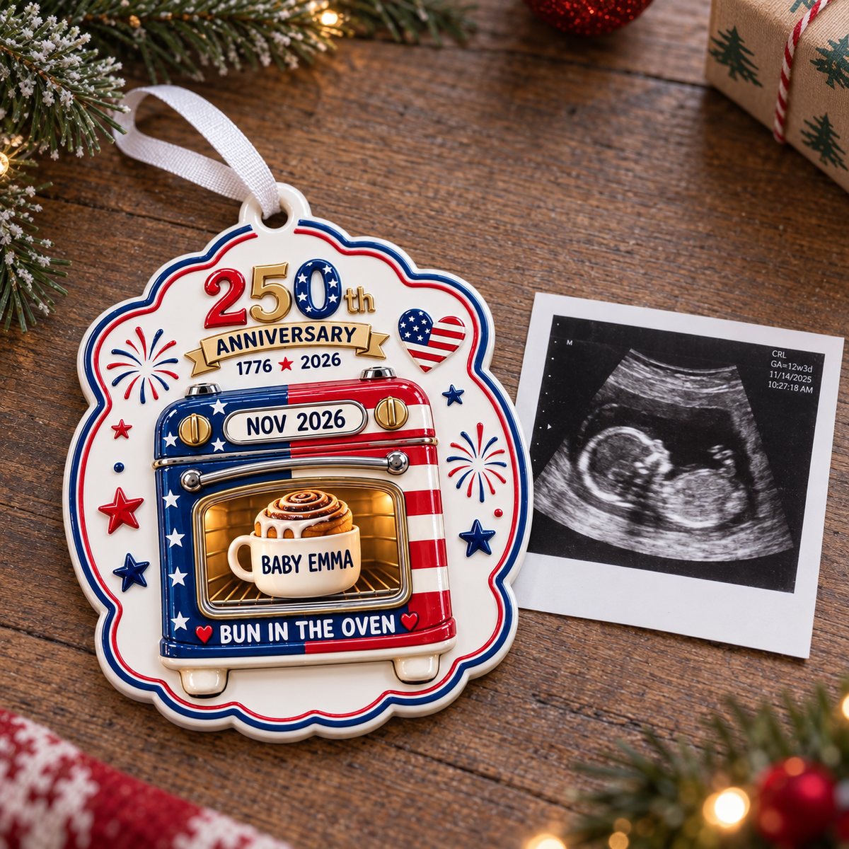 Patriotic 250th Anniversary Bun in the Oven Pregnancy Announcement Keepsake - 3D Relief Ornament