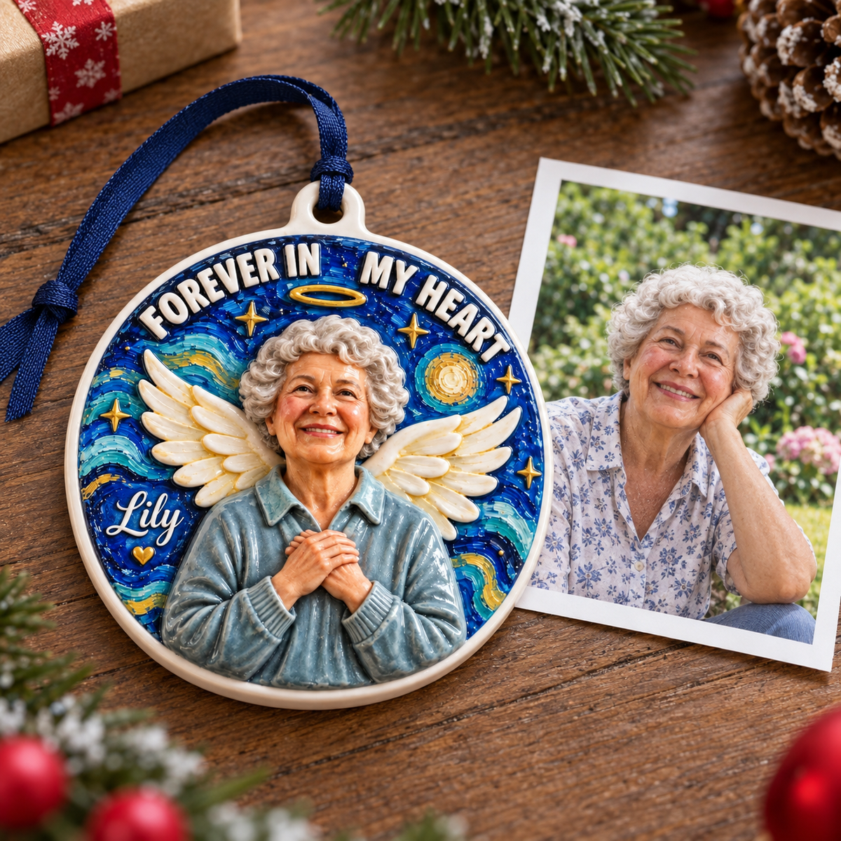 Memorial Angel Portrait Forever In My Heart Hanging Tree Medallion - 3D Relief Ornament